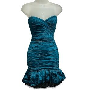 BCBG MAXAZRIA $348 Fleur Moroccan Blue Strapless Lace Tafetta ruched Dress Sz 2
